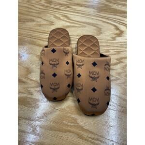 MCM Womens 7 Brown Cognac Logo Print Visetos Silk Blend Slide Room Slippers S36